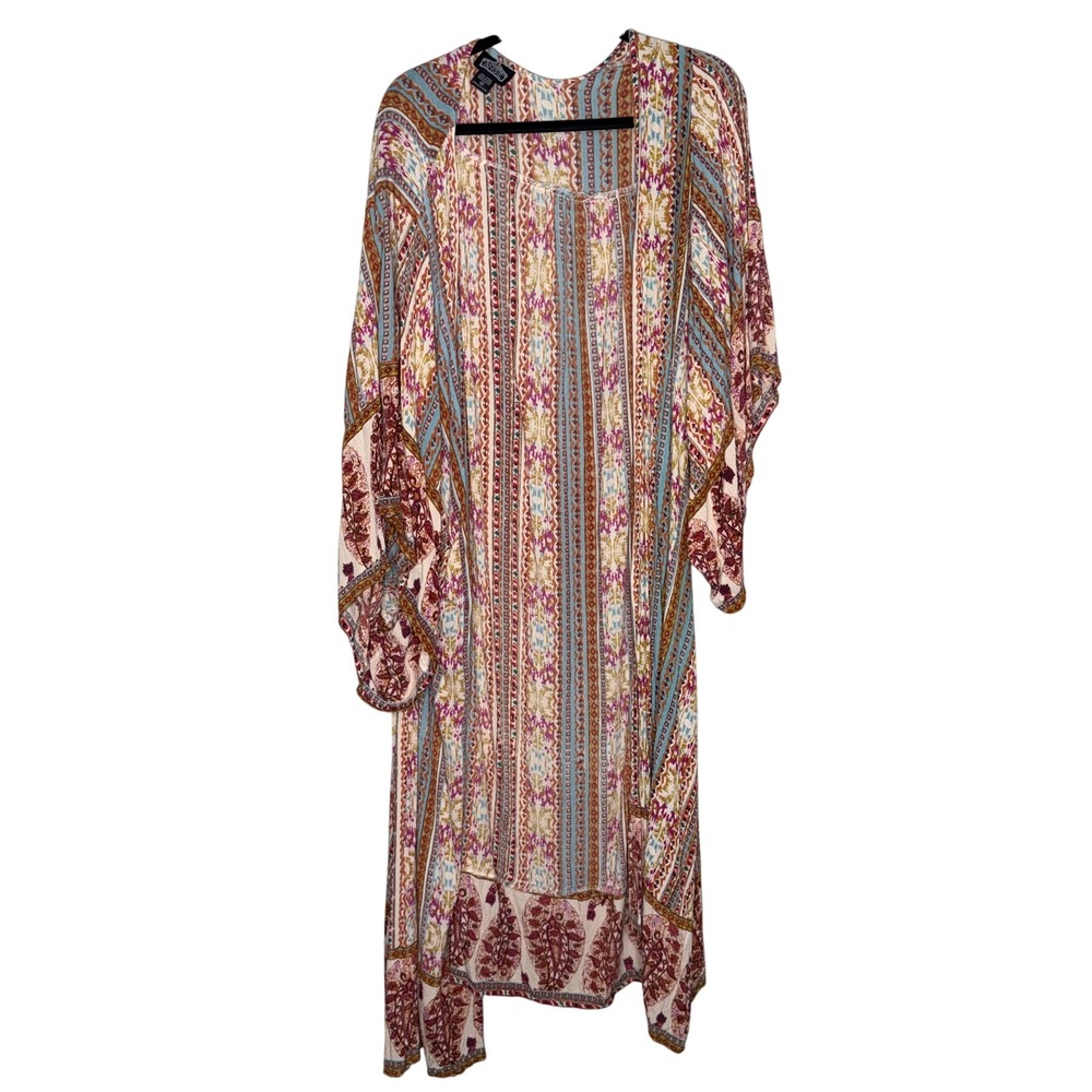 Angie Kimono Duster Women Medium Multicolor Excellent Boho Open Front Rayon Long